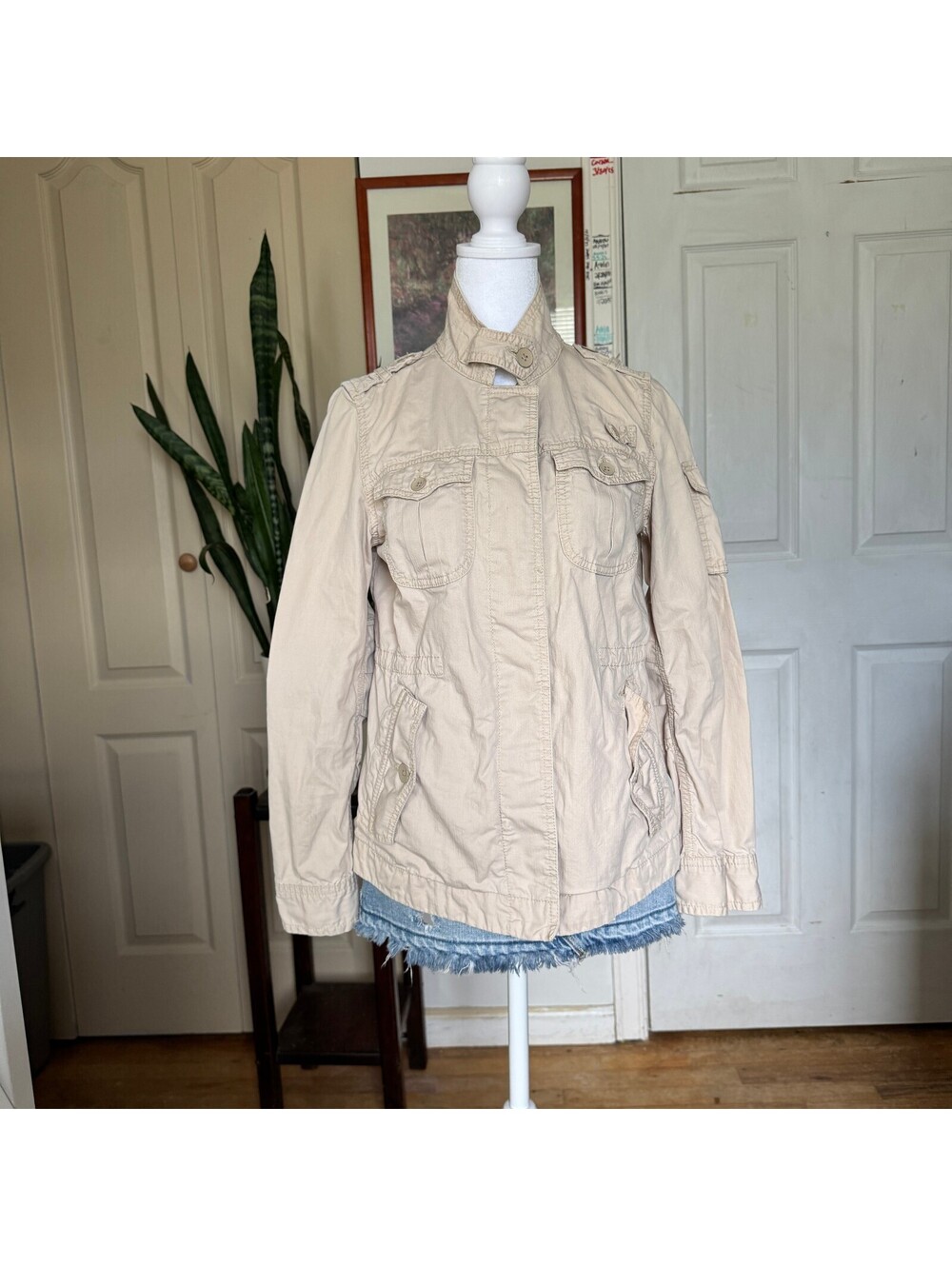 Beige Military Style Cotton Jacket with Button Pockets
